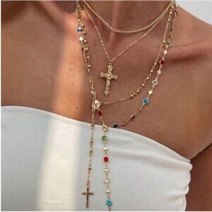 New! Gold Multicolor Cross Rosary Necklace Stack NWOT